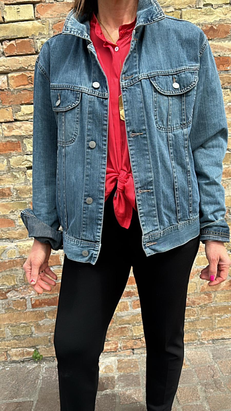 Haveone Giacca jeans lunga stampa Iris Apfel