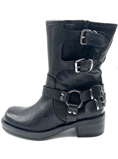 DIVINE FOLLIE - Biker Basso Police Fibbie Punta Squadrata Total Black