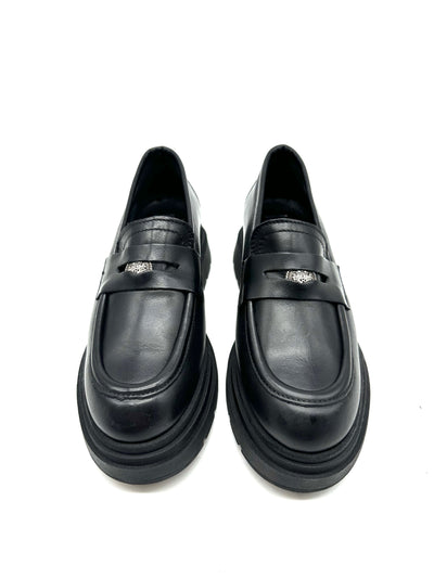 DIVINE FOLLIE - MOCASSINO alto con monetine silver IN PELLE NERO