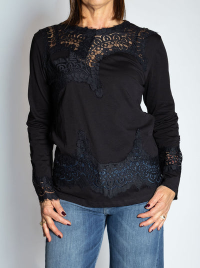 TENSIONE IN T-SHIRT MANICA LUNGA PIZZO NERO