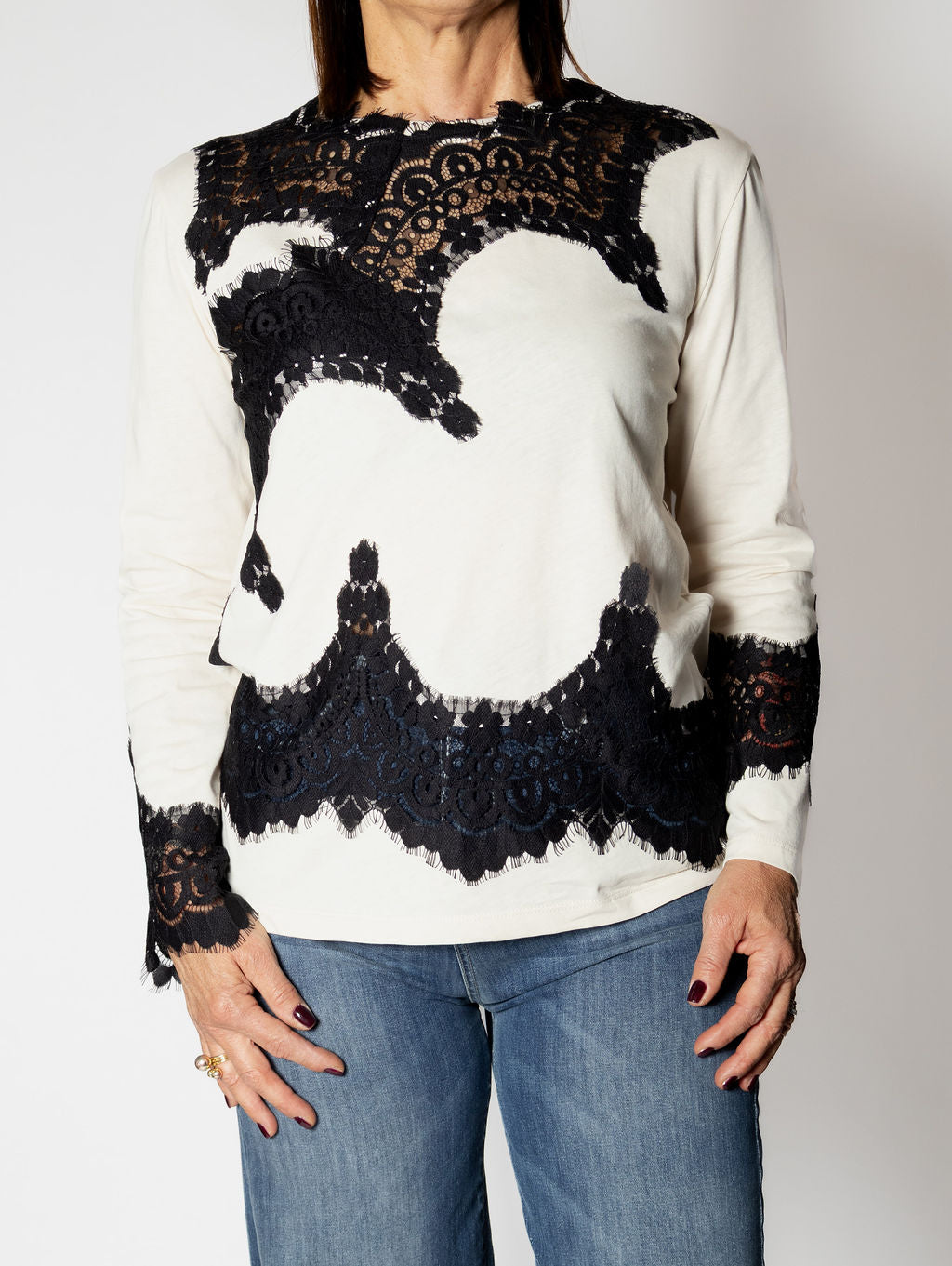 TENSIONE IN T-SHIRT MANICA LUNGA PIZZO PANNA